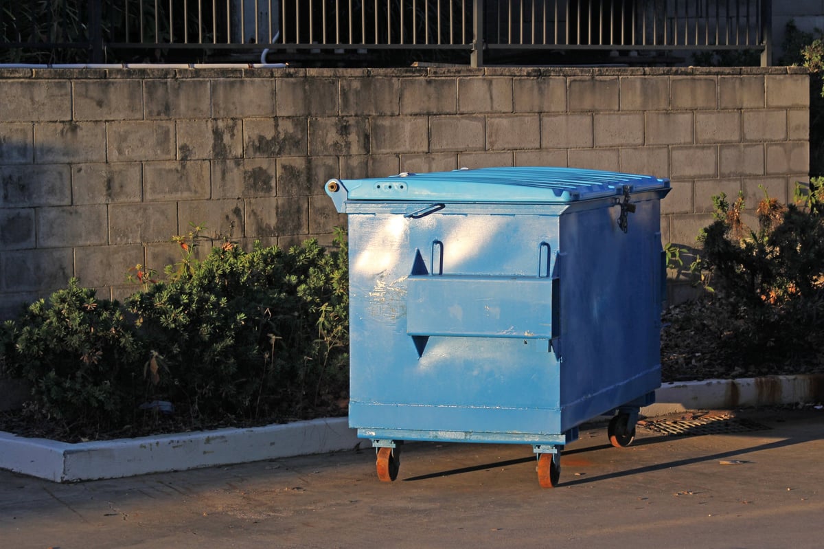 Blue dumpster bin beside a brick wall and garden